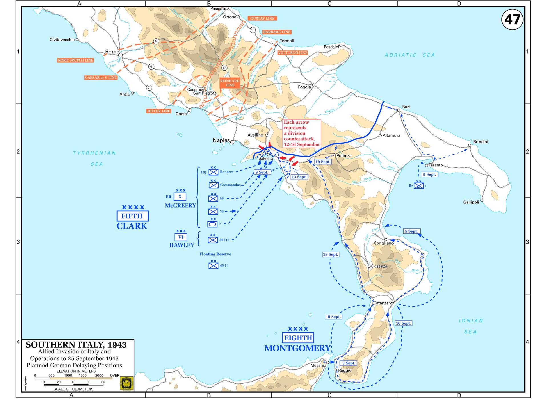 Map of Allied operations in southern Italy, September 3-25, 1943. Map courtesy of the United States Military Academy Department of History.