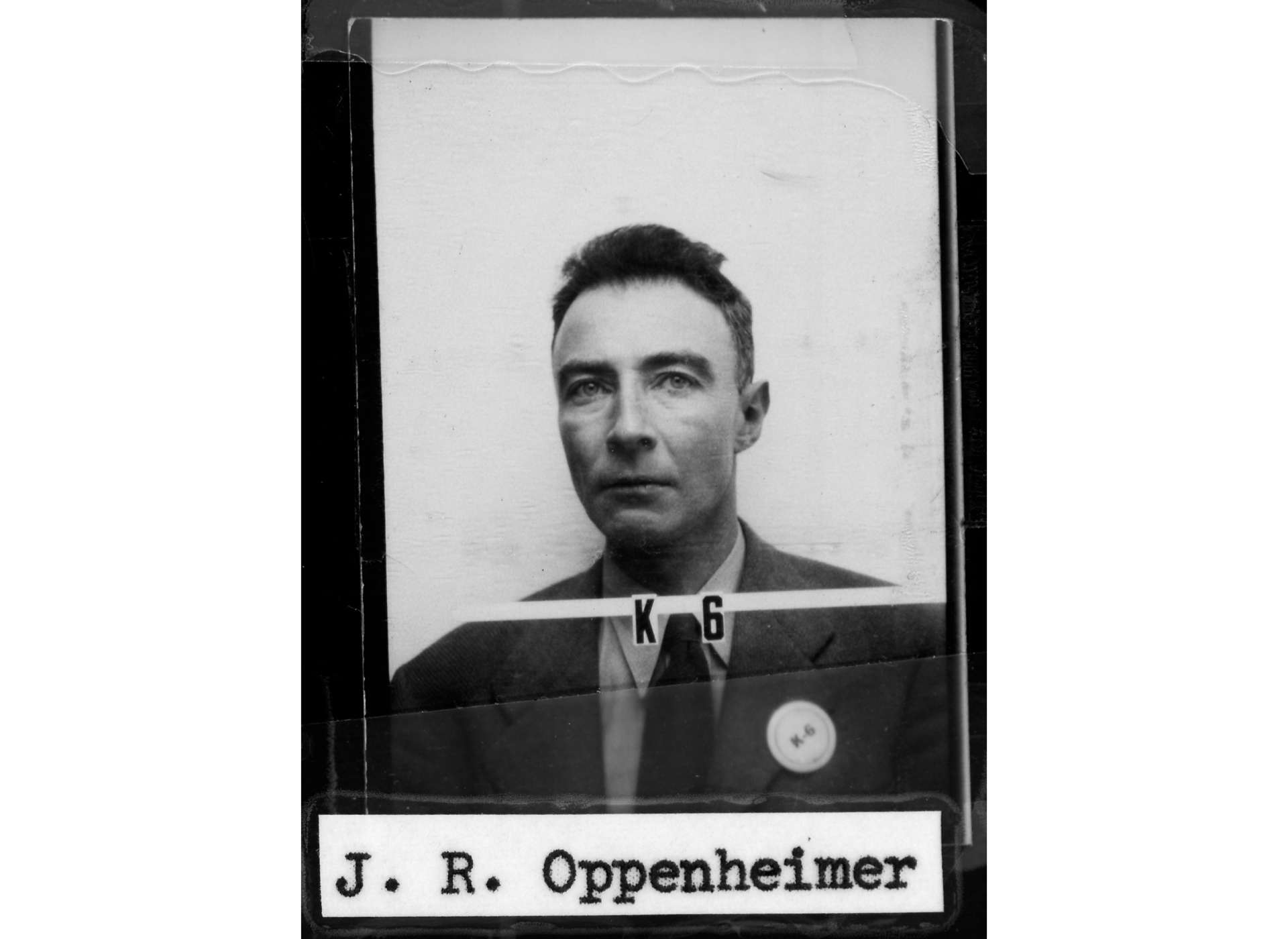 This is a photo of Oppenheimer’s security badge for Los Alamos (from the Los Alamos National Laboratory archives)