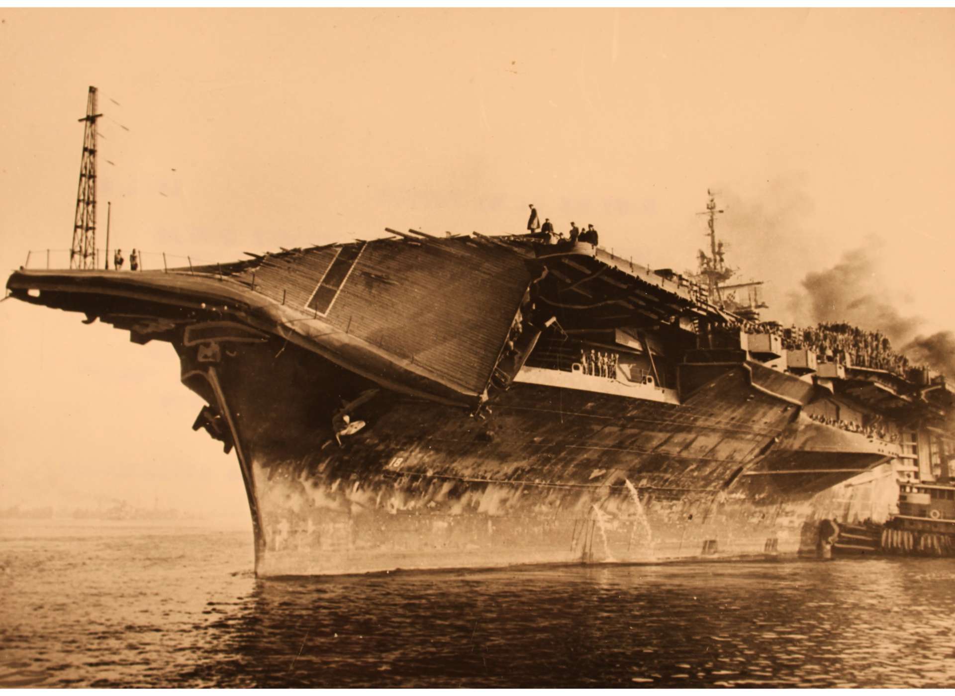 The cantilevered flight decks of aircraft carriers like the USS Wasp [ITALICS] (CV-18) were known to collapse under the weight of mountainous waves. Courtesy National Archives.