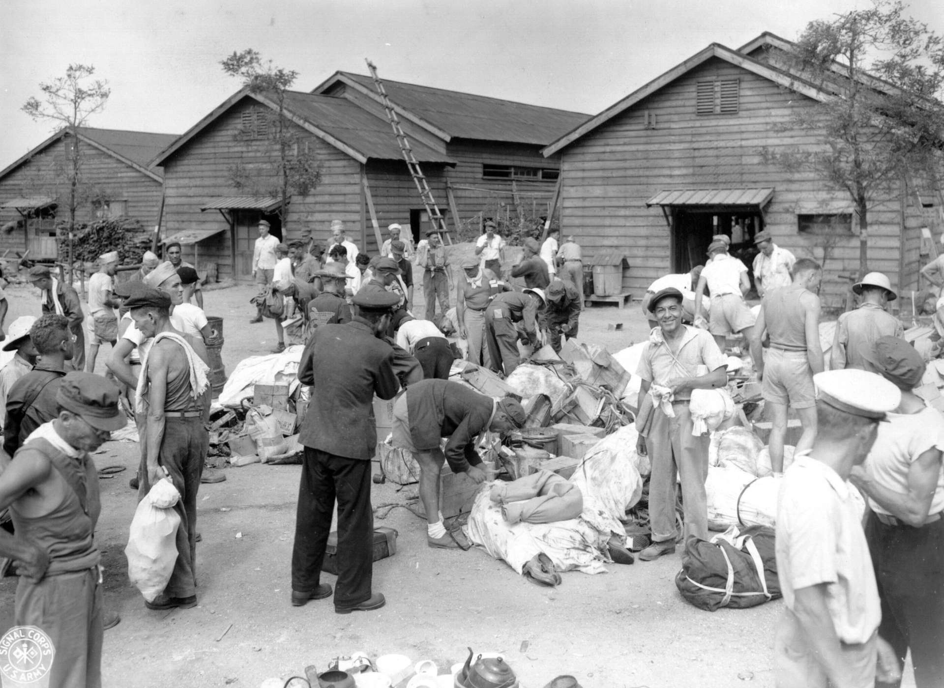 POWS at the Omori Prison receiving new clothes, undated, courtesy of the National Archives and Records Administration.