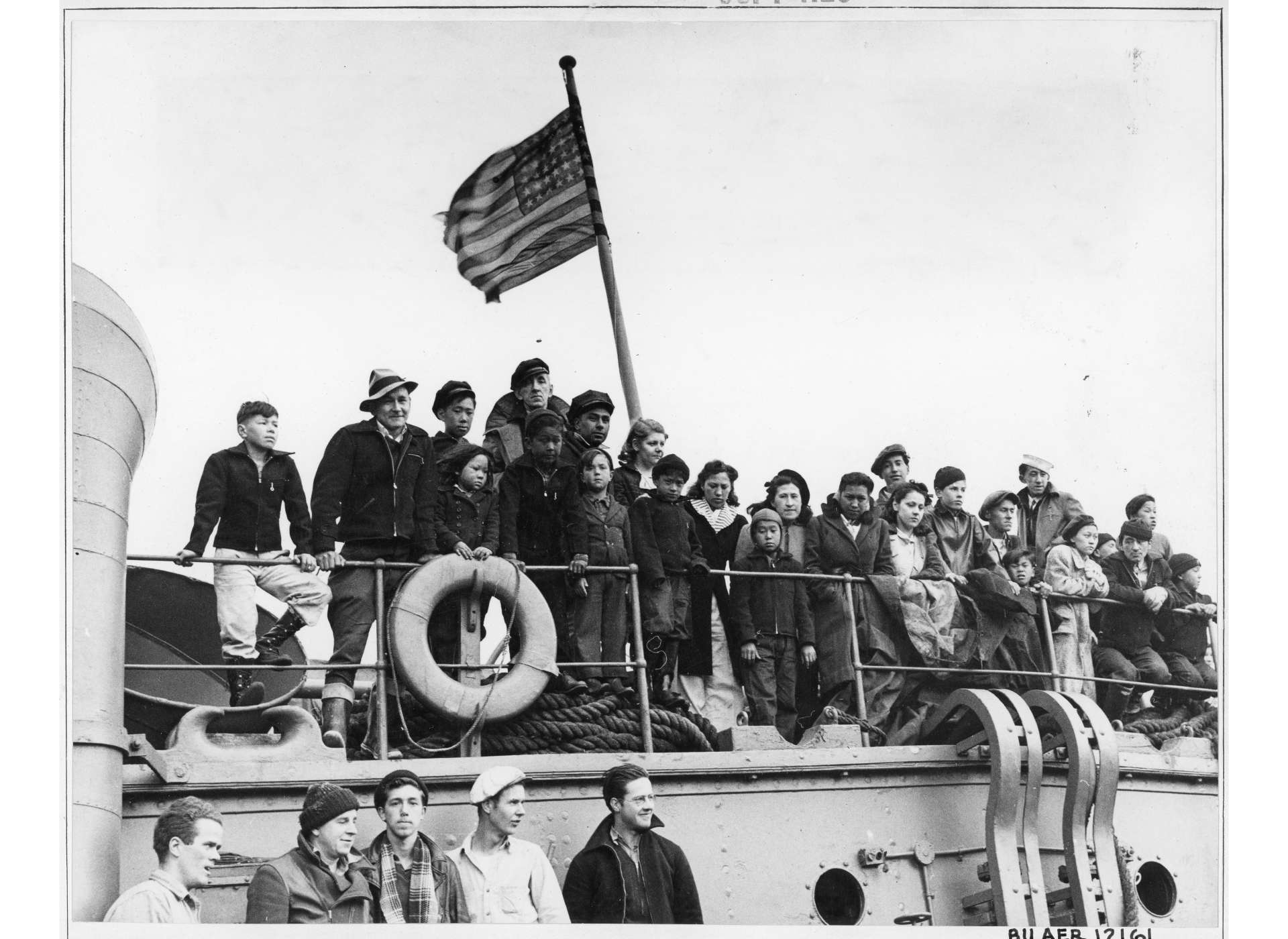 Unangan evacuees aboard the Delarof, June 1942. Courtesy of the National Archives and Records Administration.