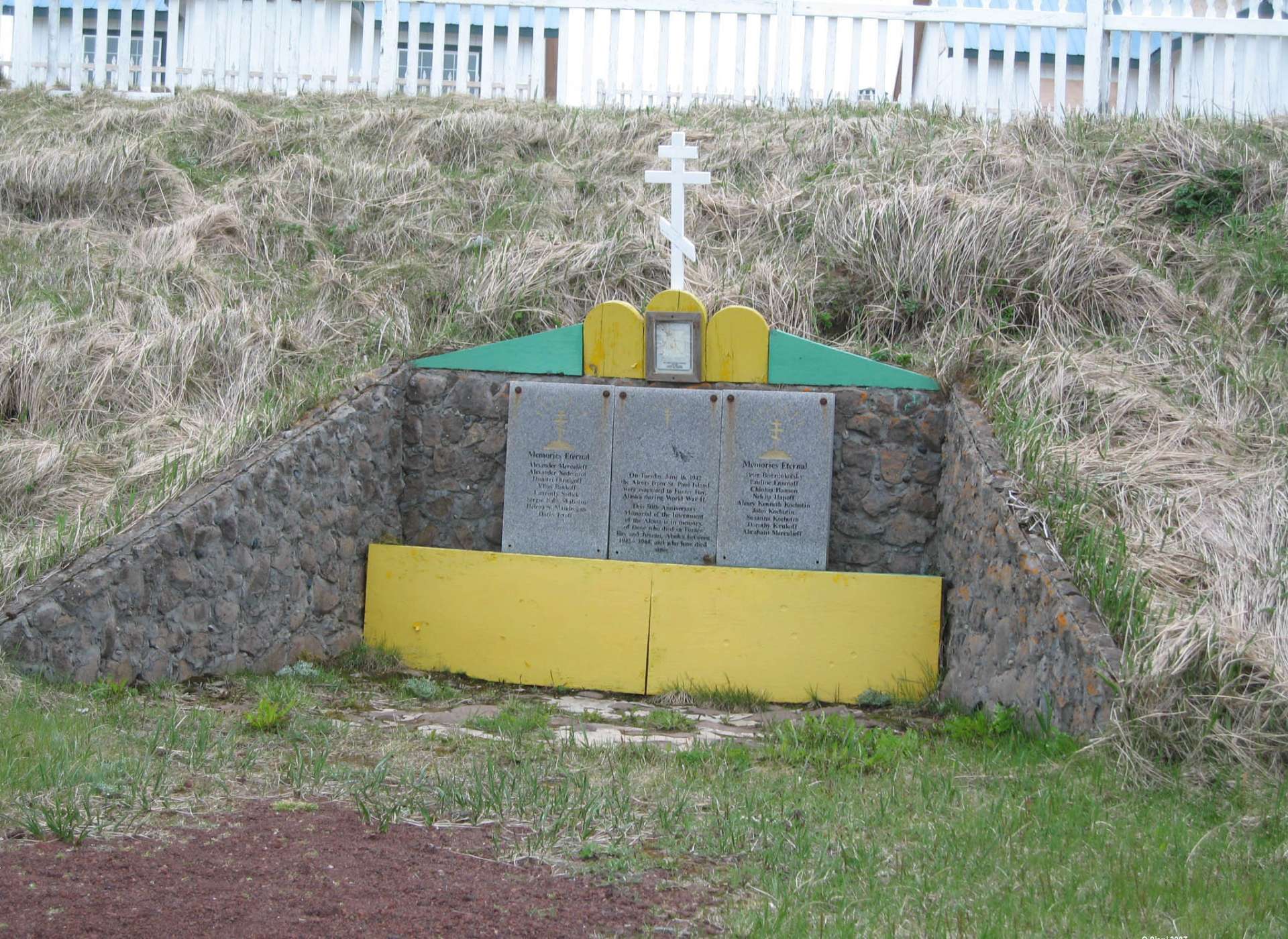 50th Anniversary Memorial of the internment of Unangan during World War II located on St. Paul Island at Saints Peter and Paul Russian Orthodox Church. Photographer Jim Haklar. Courtesy of the National Archives and Records Administration.