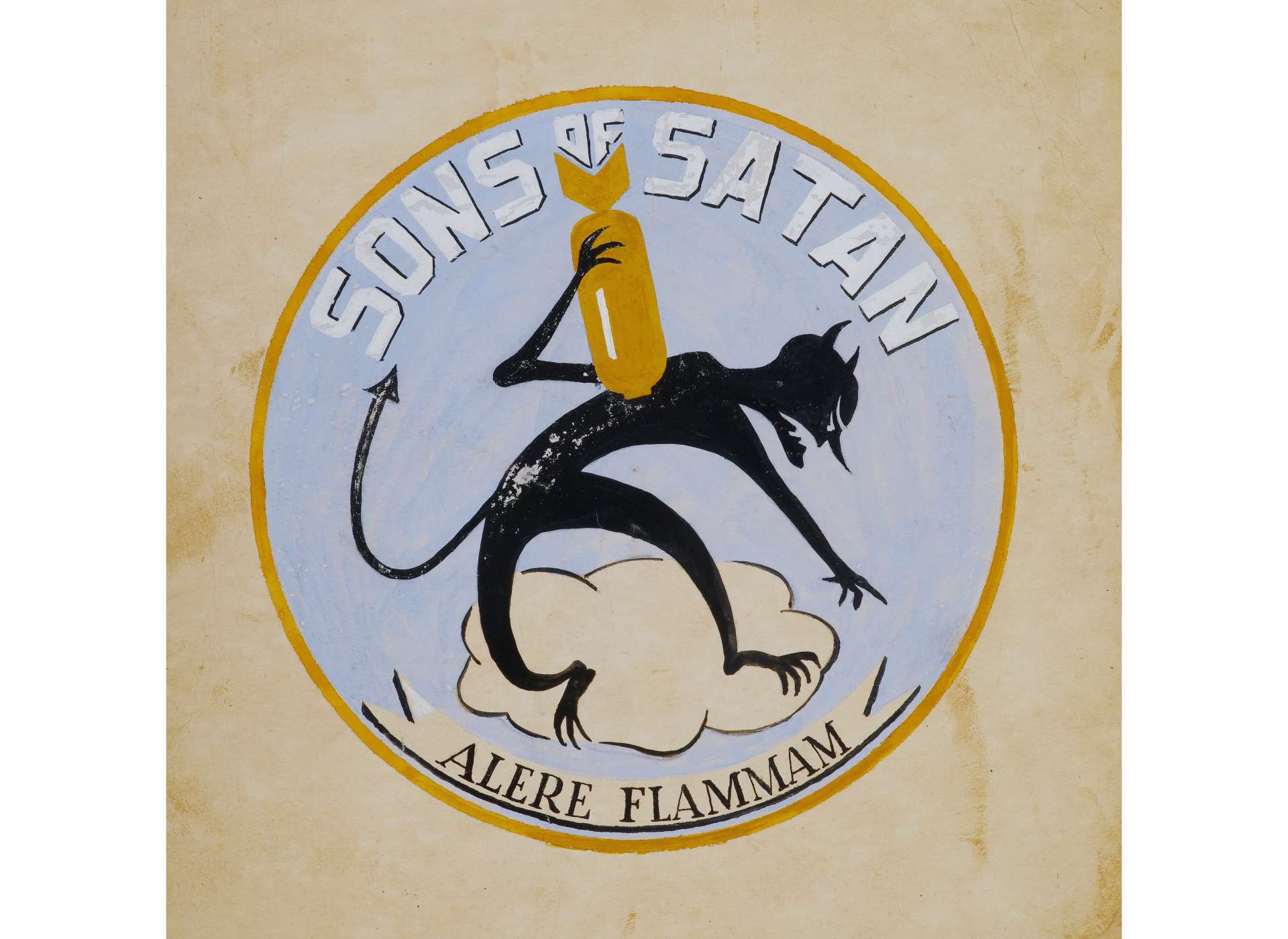 VMSB-214 “Sons of Satan” artwork by Sgt. Paul Arlt, USMCR. Gouache on illustration board. Based on an original idea by Lt Wallace P. Wyatt. Courtesy of the National Museum of the Marine Corps, Triangle, Virginia.