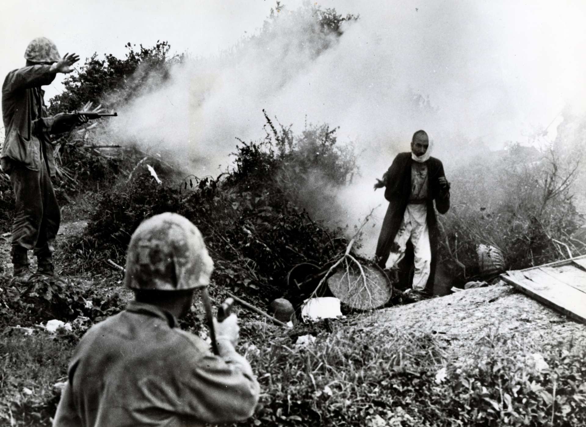 Okinawan refugees and retreating Japanese soldiers both sought shelter in Okinawa’s many caves, creating difficult situations for American troops tasked with clearing them. US Marine Corps official photograph. The National WWII Museum, Gift of Dylan Utley, Accession #2012.019.491