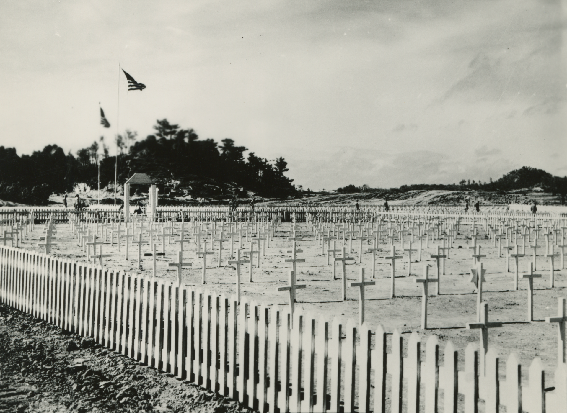 The 96th Division Cemetery on Okinawa two days after the battle ended. US Army official photograph. The National WWII Museum, Gift of Thomas J. Hanlon, Accession #2013.495.1138