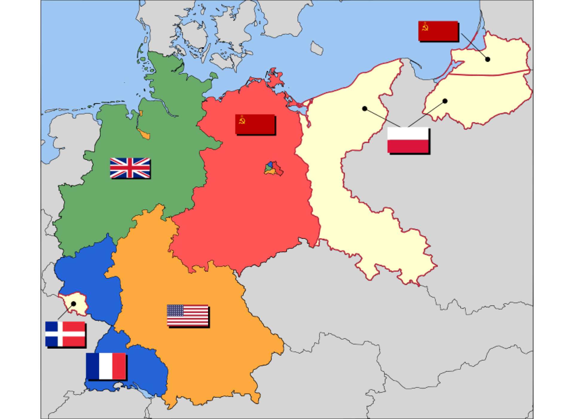 Occupation zone borders in Germany, 1947. The territories east of the Oder-Neisse line, under Polish and Soviet administration/annexation, are shown as cream as is the likewise detached Saar protectorate. Berlin is the multinational area within the Soviet zone. “Map of Germany, 1947,” Andreas Kunz, B. Johnen and Joachim Robert Moeschl, March 2008, University of Mainz, IEG-Maps project.