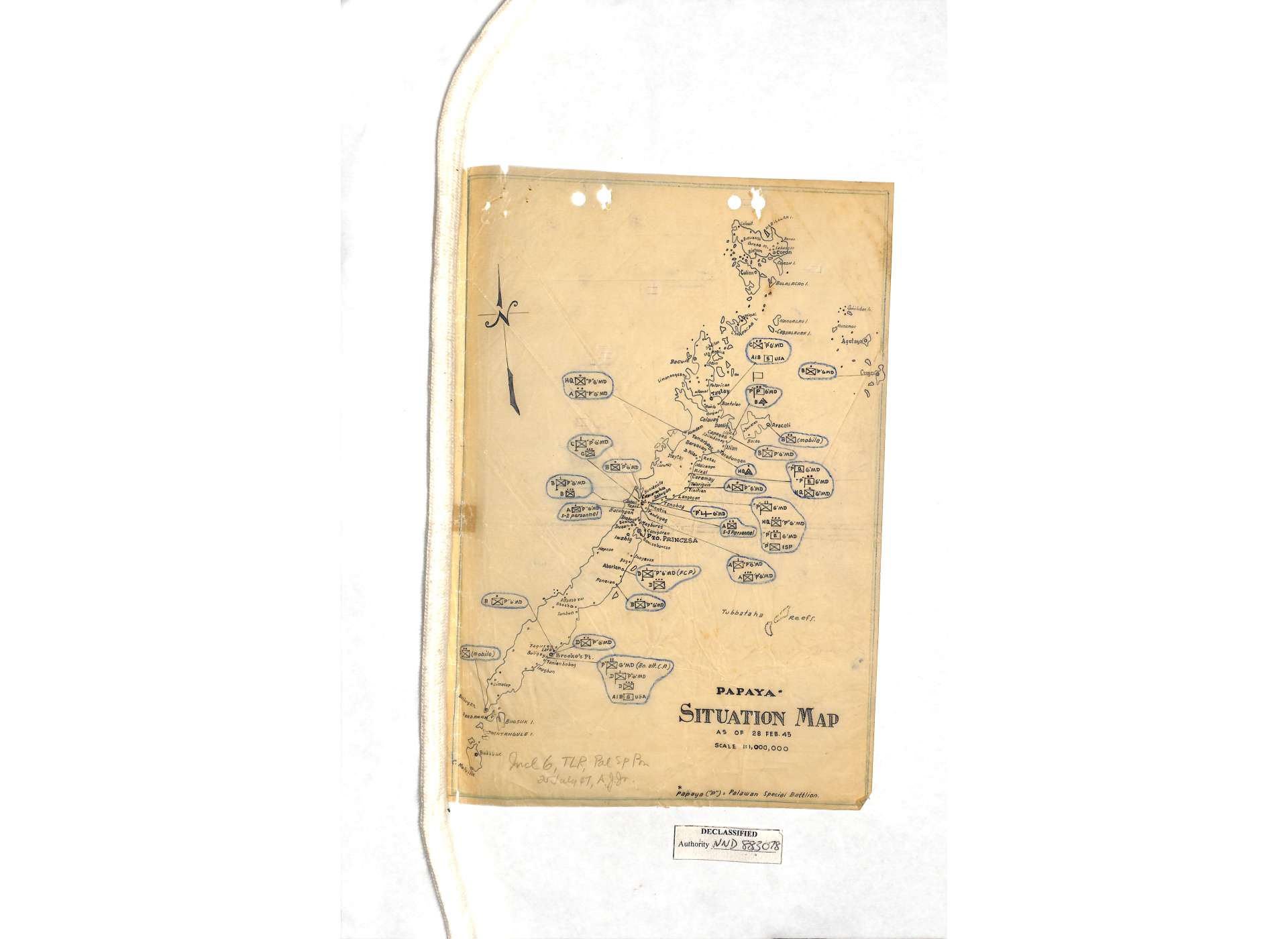 Situation overlay depicting the disposition of the elements of the Palawan Special Battalion in February 1945. Guerrilla Unit Recognition Files, Record Group 407: Records of the Adjutant General&#039;s Office, National Archives.