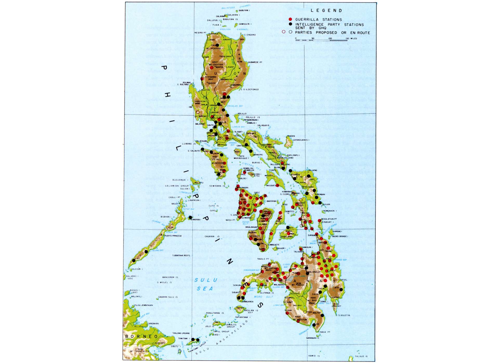 The extensive Philippine general radio net developed during the Japanese occupation for reporting and intelligence collection, as of October 1944. Guerrilla stations are depicted in red, and intelligence party stations dispatched by General Douglas MacArthur’s General Headquarters (GHQ), Southwest Pacific Area (SWPA) are in black. Courtesy of the US Army, Reports of General MacArthur: The Campaigns of MacArthur in the Pacific, Vol. 1, Plate 93