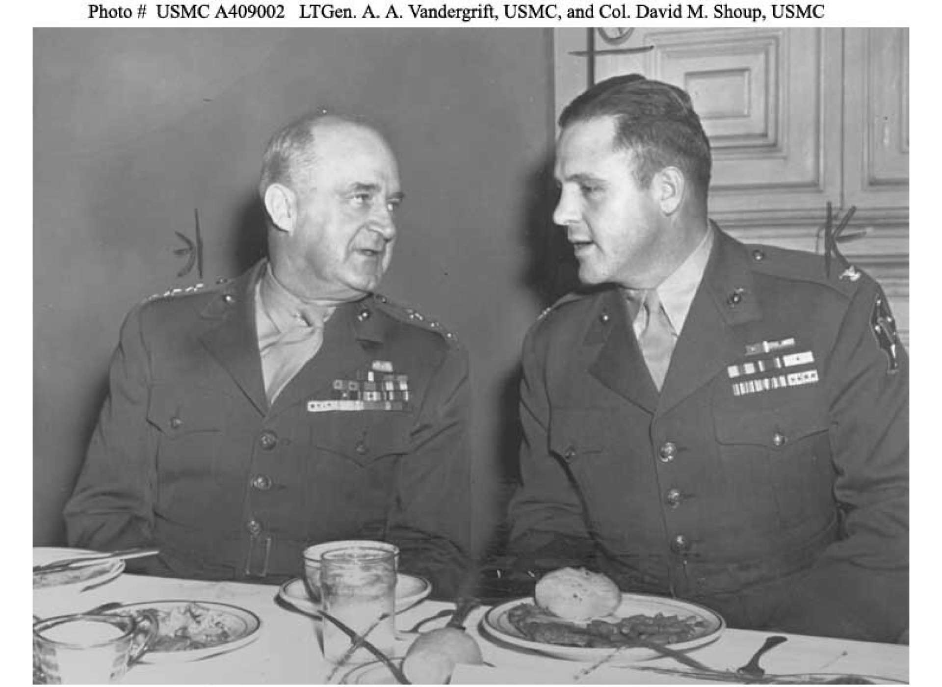 Lieutenant General Vandegrift with US Marine Corps Colonel (and fellow Medal of Honor recipient) David Shoup, 1943. Credit: Official U.S. Marine Corps photo, #A409002.