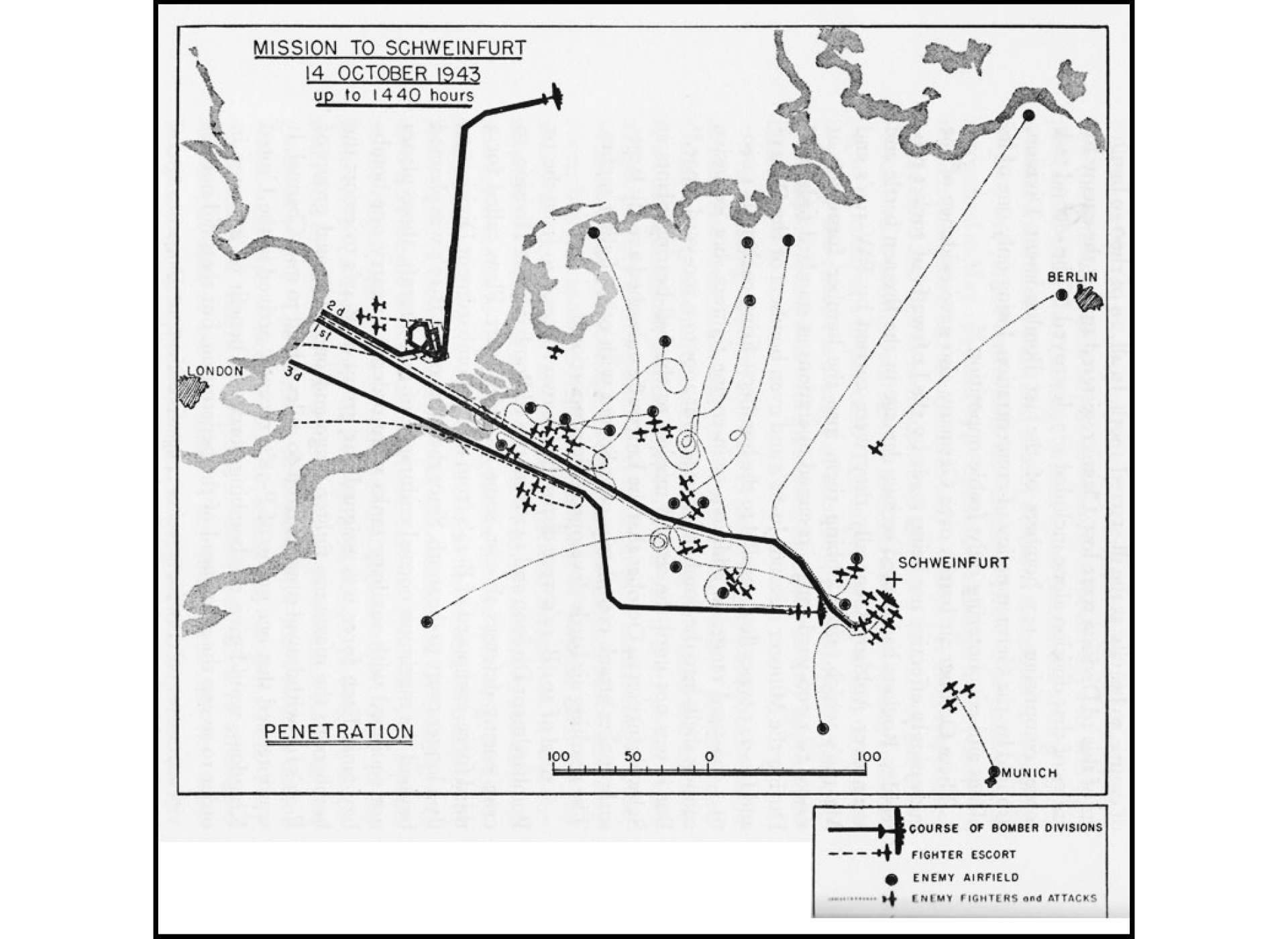Inbound trek of the Second Schweinfurt Raid on August 14, 1943. German fighters attacked the American formations once the American fighters reached their operational range. (US Air Force)