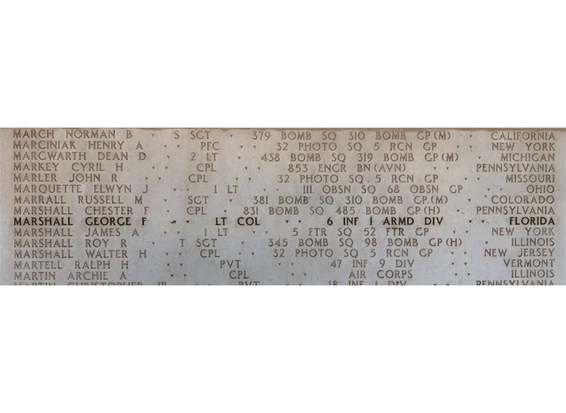 LTC Marshall’s name as it appears on the “Tablet of the Missing” at the North African American Cemetery in Tunisia. (American Battle Monuments Commission photo)