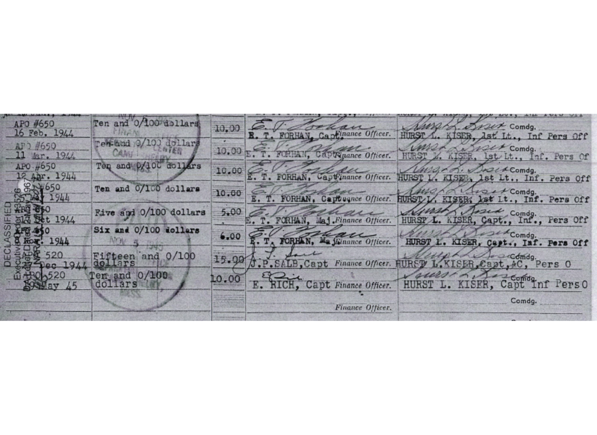 A section of CPL Warren Donald’s final payment sheet from the National Archives and Records Administration.