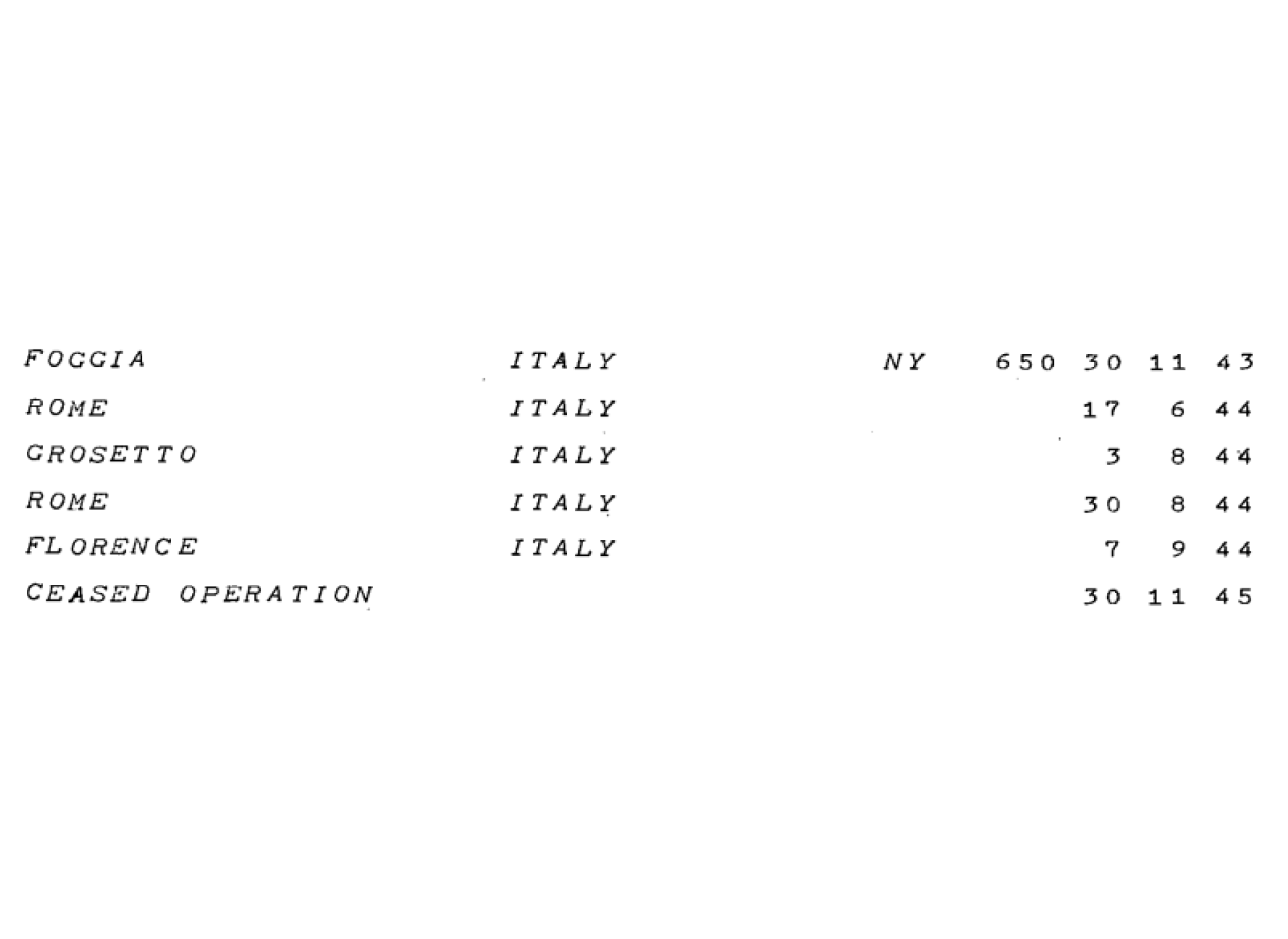 Excerpt from Numerical Listing of APO’s: January 1942 – November 1947.