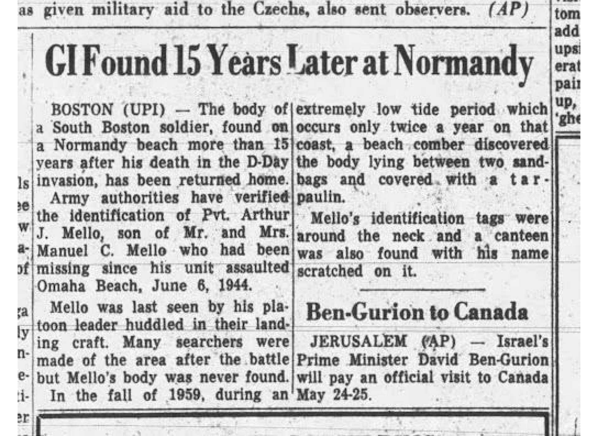 “GI Found 15 Years Later at Normandy,” The Berkshire Eagle, May 13, 1961.