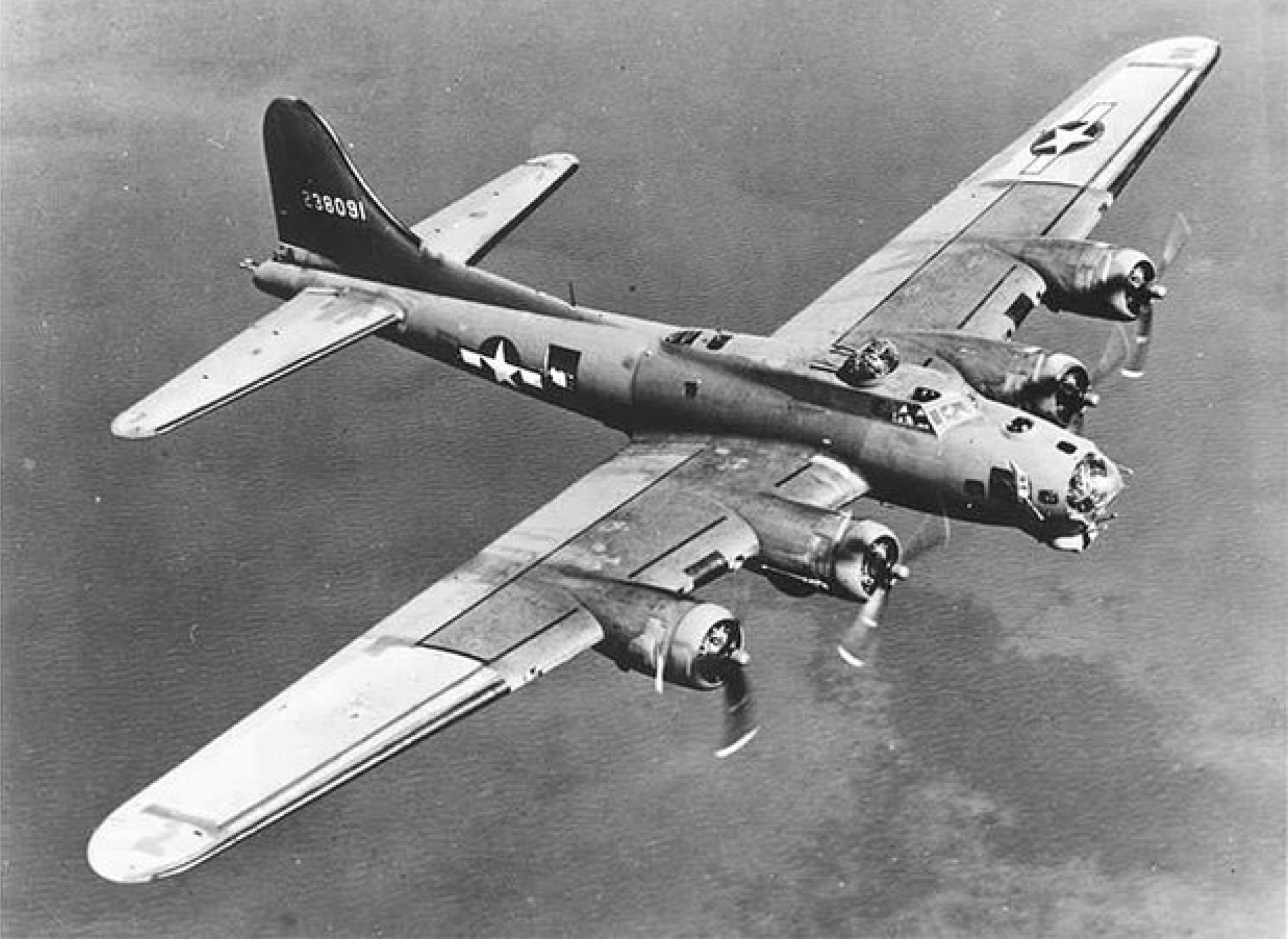 Caption: Boeing B-17 “Flying Fortress” levels off for a run over target over the Pacific Ocean. Citation: “B-17 Flying Fortress, Serial number 238091,” The Air Force Historical Research Agency, https://www.afhra.af.mil/Photos/mediagallery/gallery.