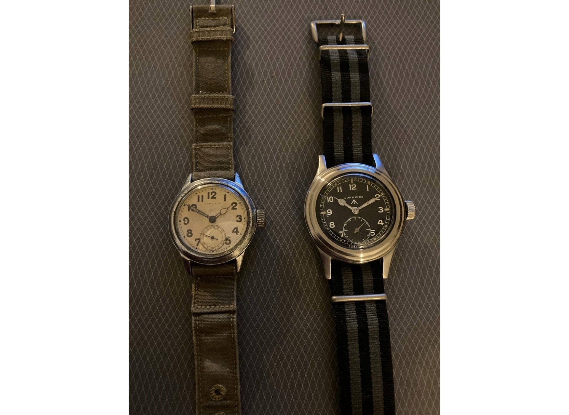 A Hamilton Ordnance watch, left, and a Longines WWW