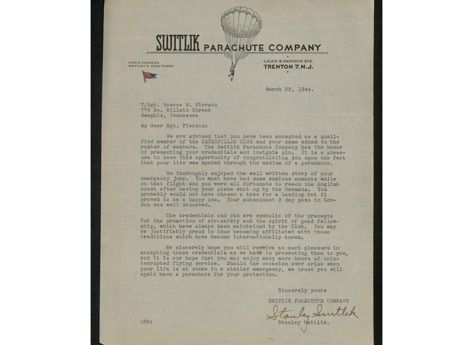 Membership letter of Technical Sergeant Roscoe Mitchell Pierson.