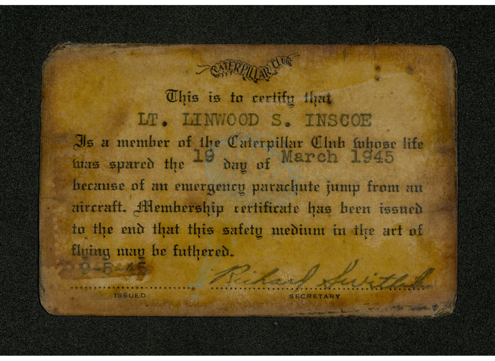 Lieutenant Linwood Inscoe’s membership card.