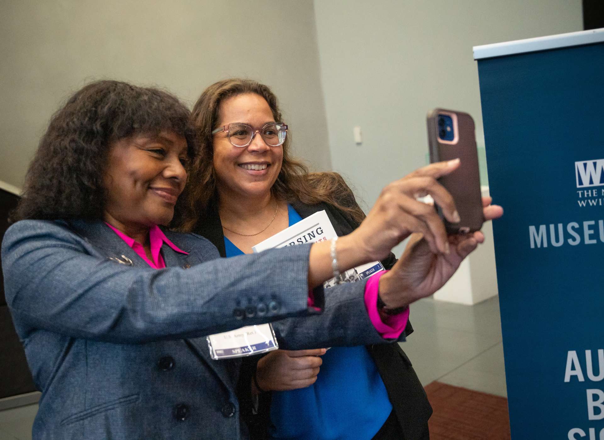 Col. Edna W. Cummings, US Army (Ret.) poses for a selfie with Dr. Charissa Threat. 