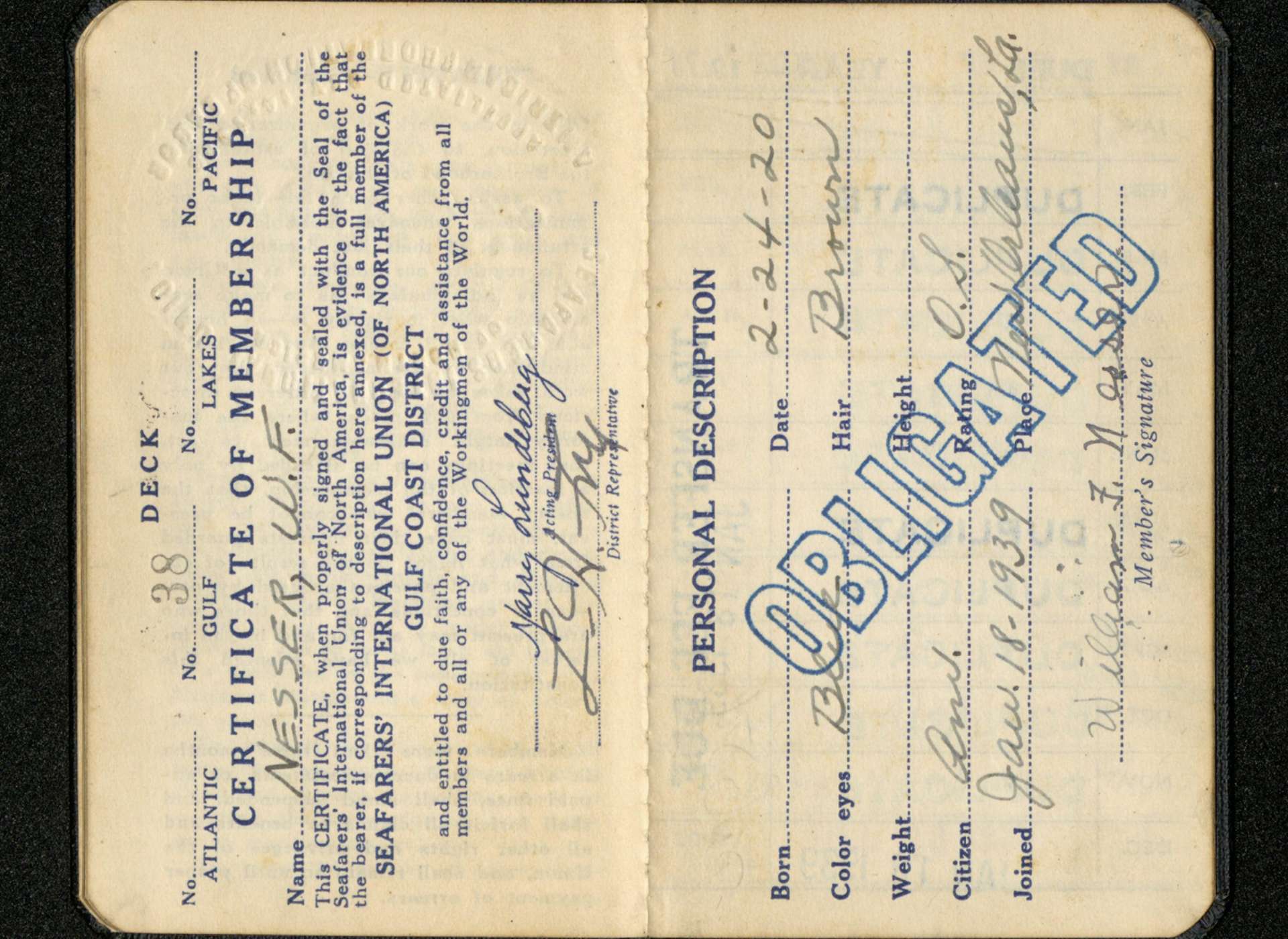Pages from William Nesser’s Seafarers International Union Membership Book