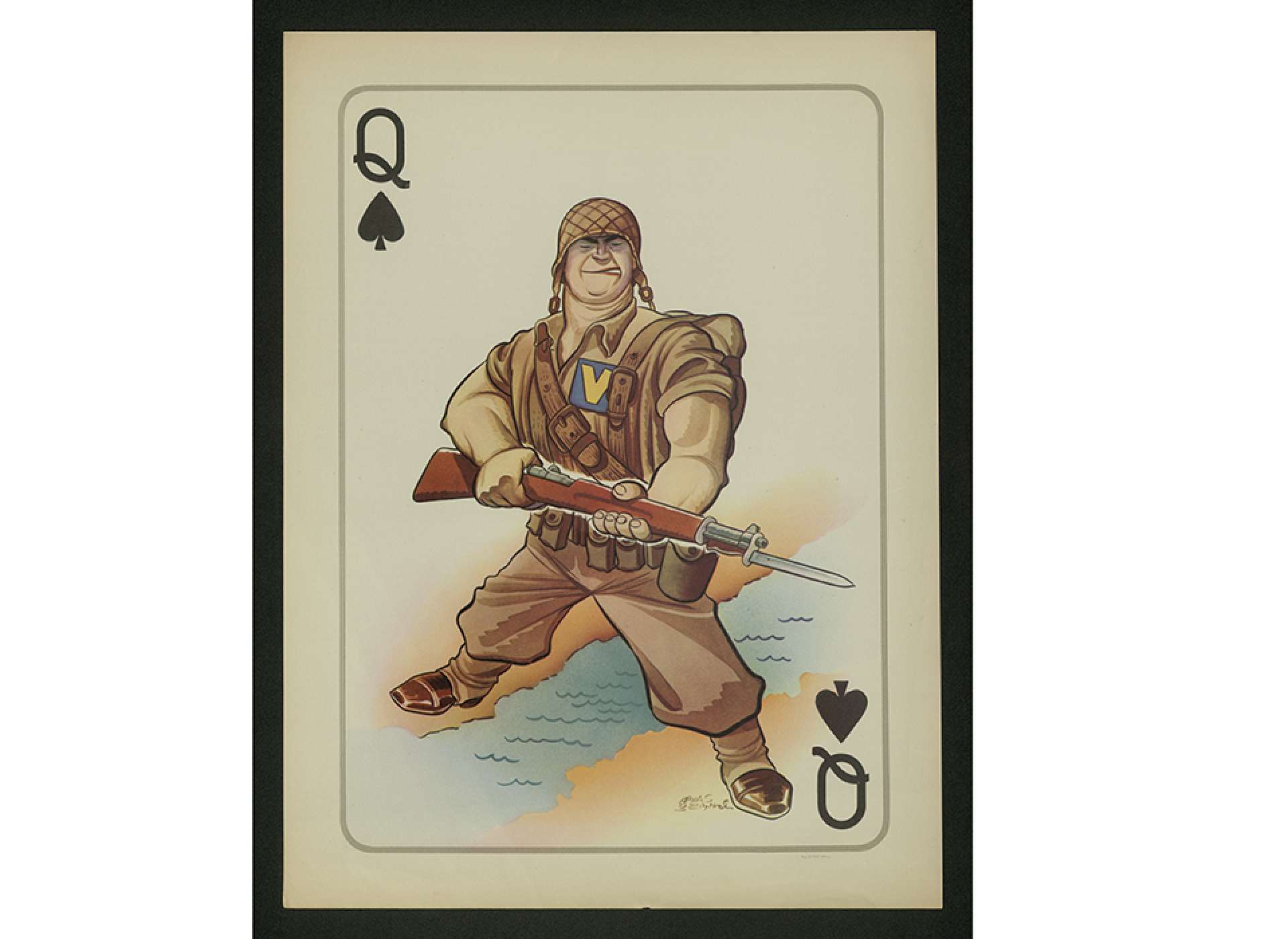 an American soldier straddles the English Channel