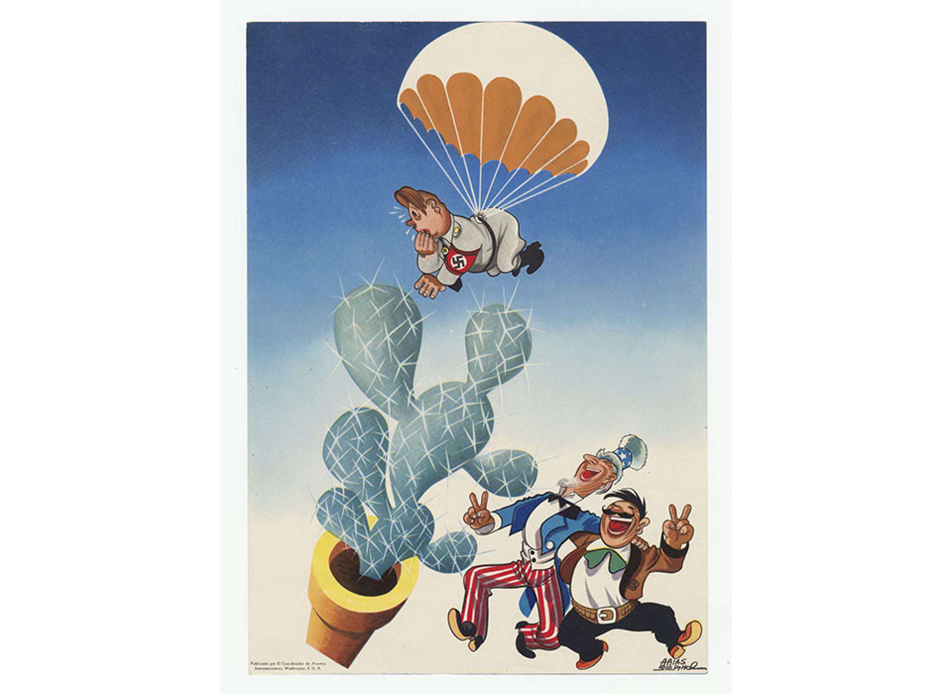 Uncle Sam and his Mexican counterpart hold up Vs for victory and laugh as Hitler parachutes his way into a prickly cactus