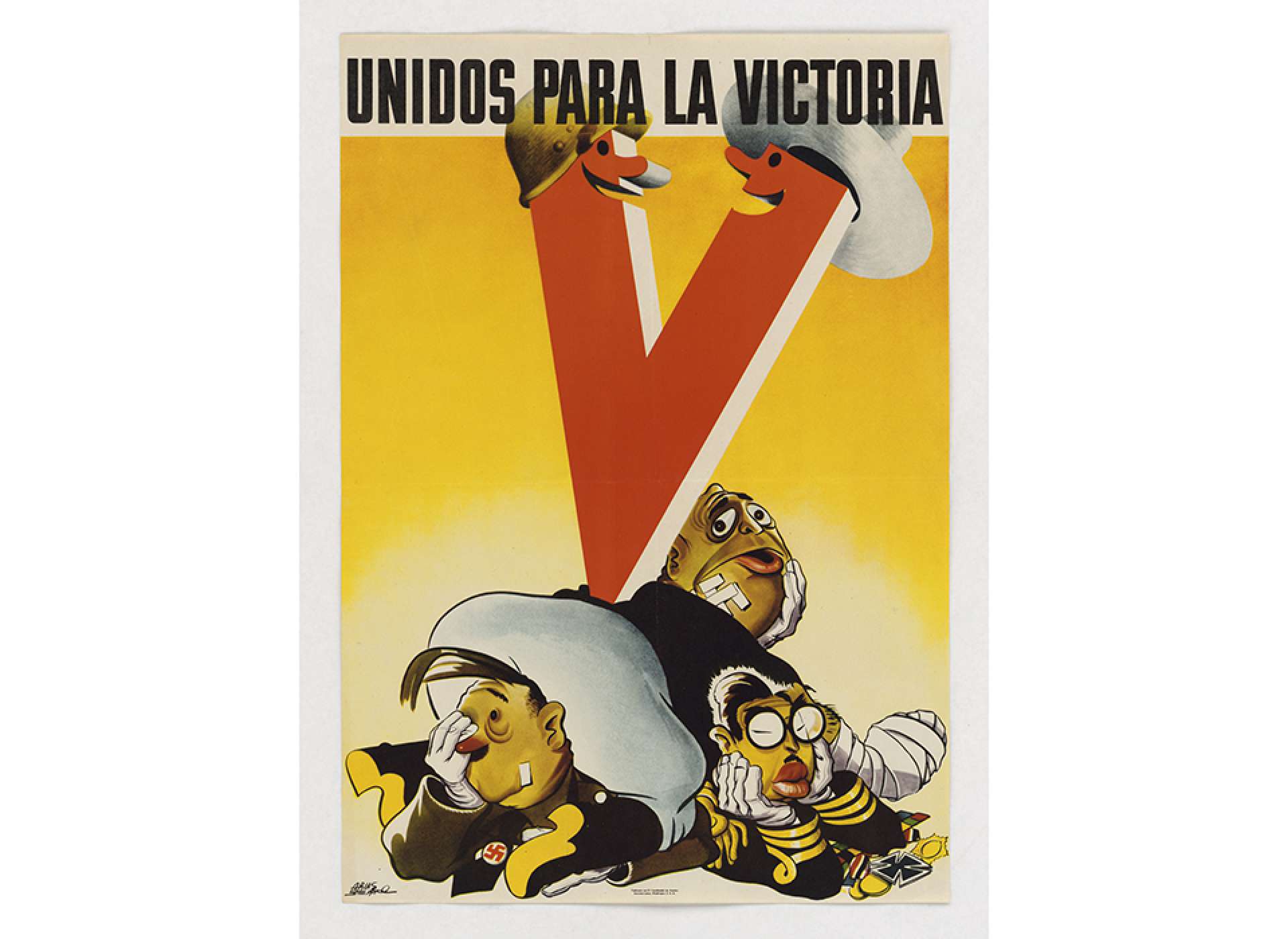 Hitler, Mussolini, and Hirohito are crushed by a giant V