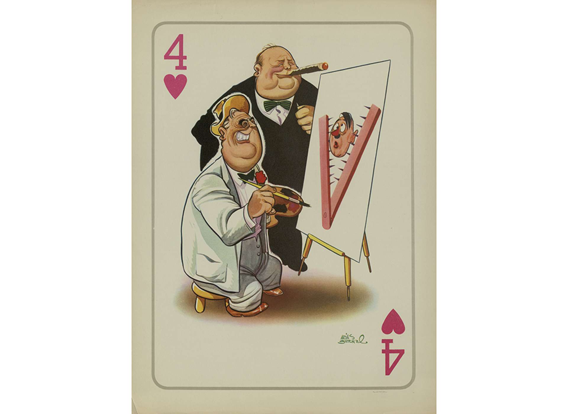 Winston Churchill and Franklin Roosevelt laugh as the latter paints a V 