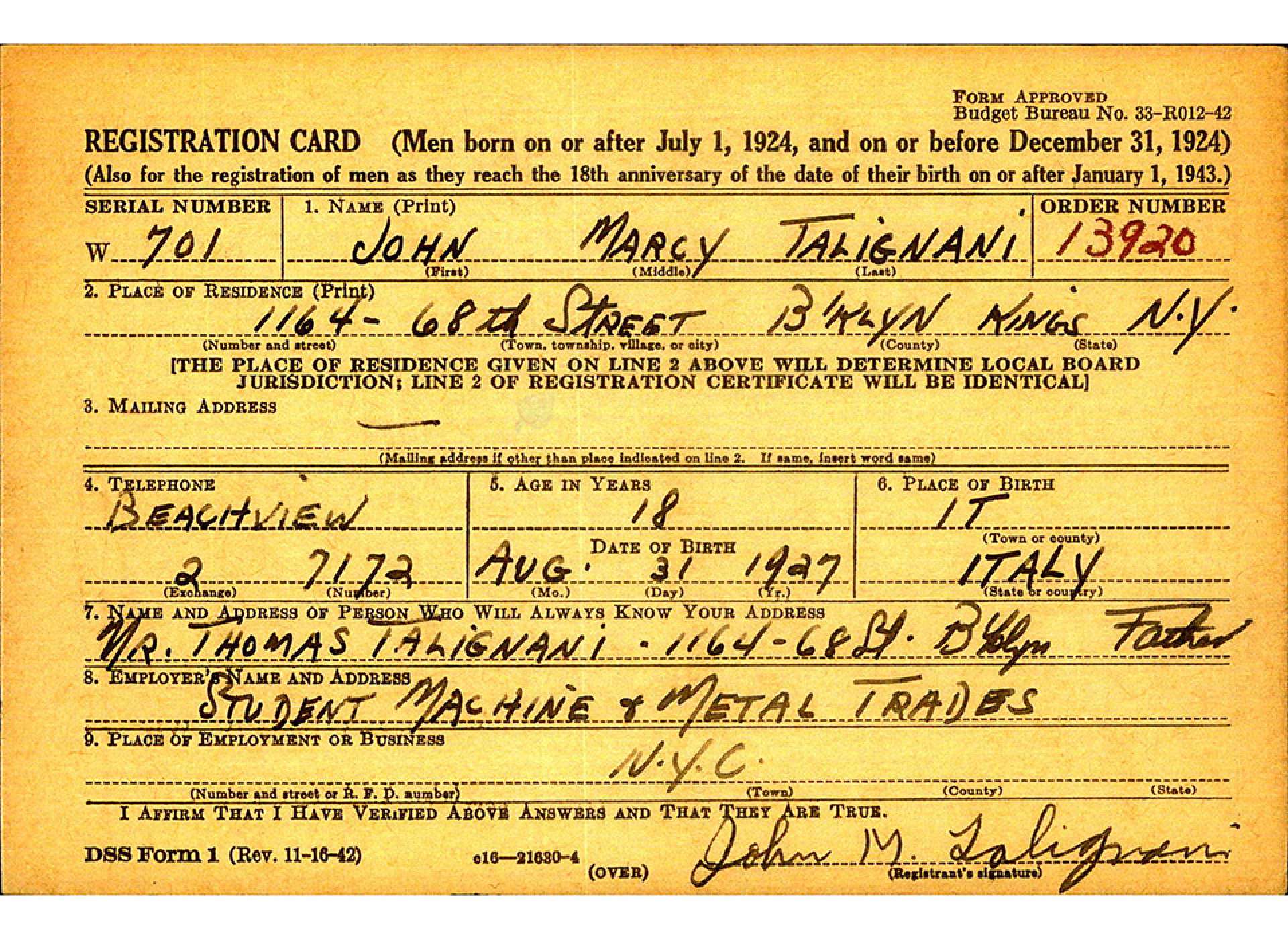 World War II draft card for John Talignani