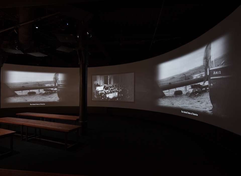America Besieged gallery, video projections, Arsenal of Democracy