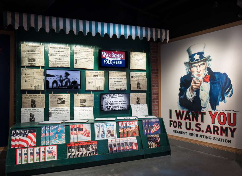 America Responds gallery, newsstand and Uncle Sam propaganda poster, Arsenal of Democracy
