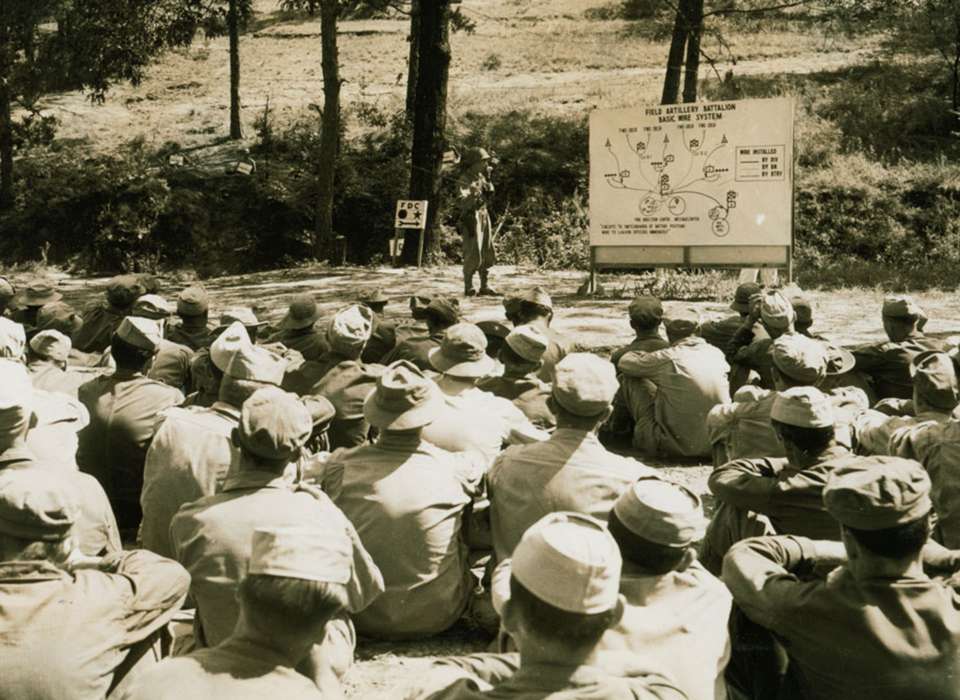 Louisiana in WWII special exhibit, photo of soldiers learning field maneuvers