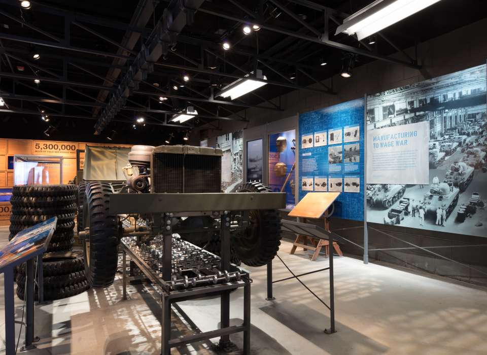 Manufacturing Victory gallery, Manufacturing to Wage War panel and jeep, Arsenal of Democracy