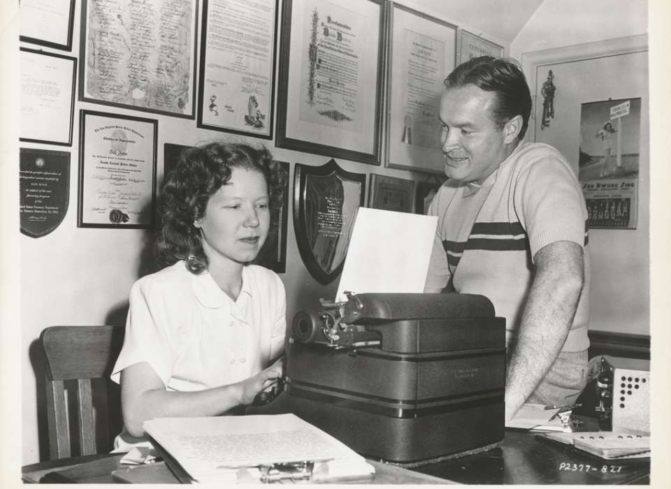 Marjorie Hughes, here with Hope in 1947, managed his office and answered thousands of letters as Hope’s chief assistant from 1942-1973.