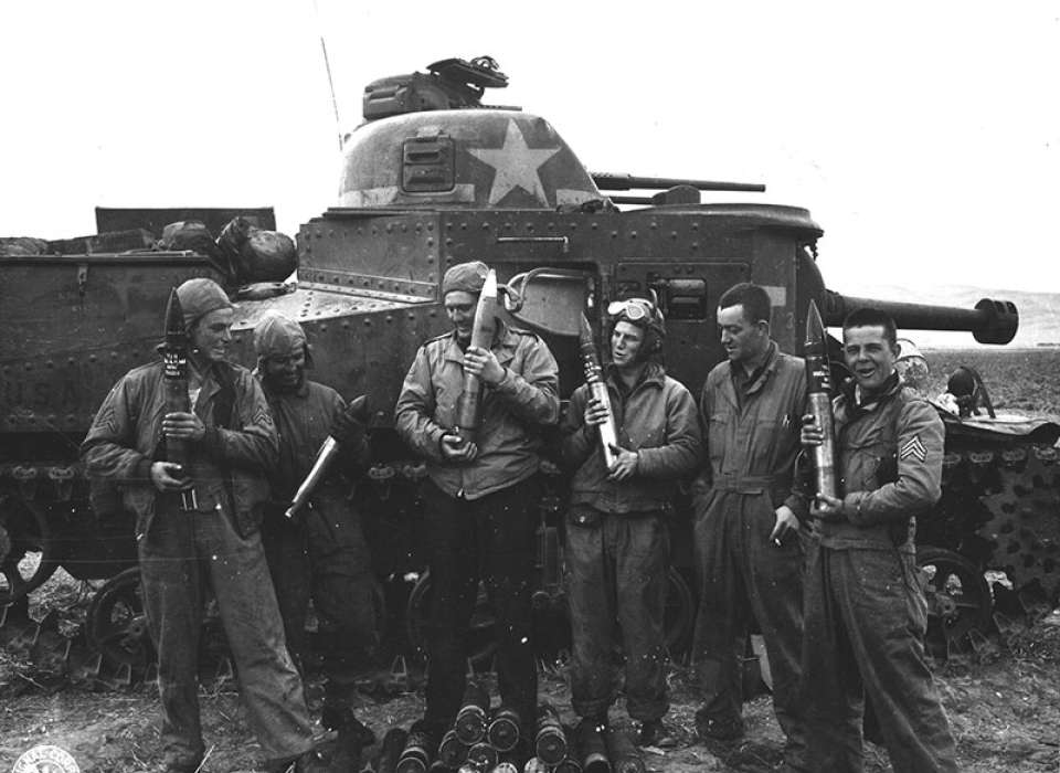 Crew of M-3 Tank #309576, 2nd Battalion, 12th Armored Regiment, 1st Armored Division, in Tunisia, 1942. Courtesy US Army Center of Military History.