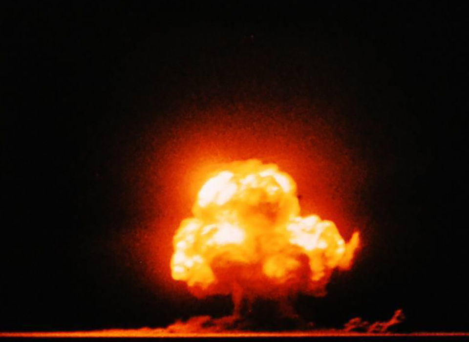 Famous color photograph of the &quot;Trinity&quot; shot, the first nuclear test explosion.