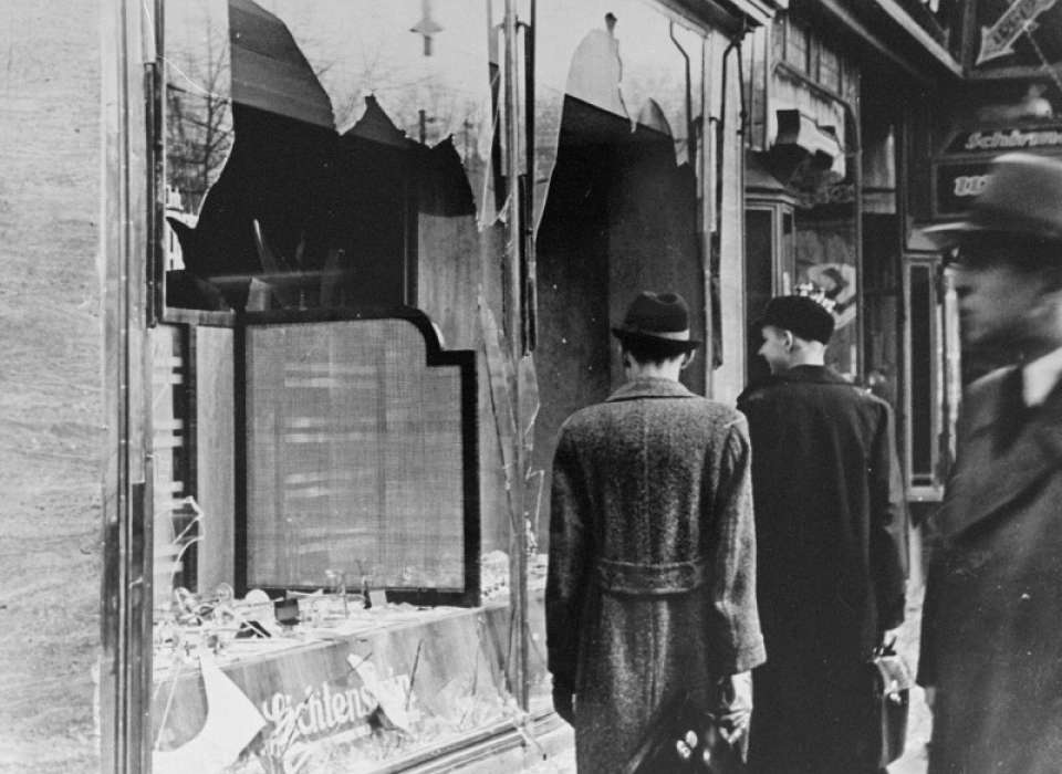 Vandalized storefront of a shop in Berlin owned by Jews, November 1938