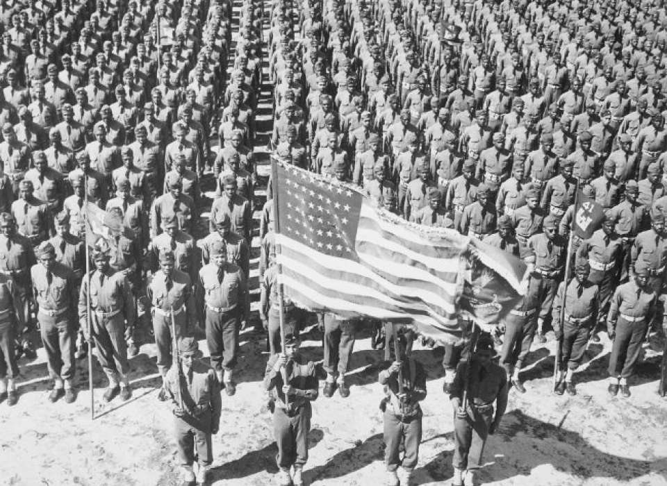 On parade, the 41st Engineers at Fort Bragg, North Carolina, in color guard ceremony. (Image: National Archives and Records Administration, 535822.)