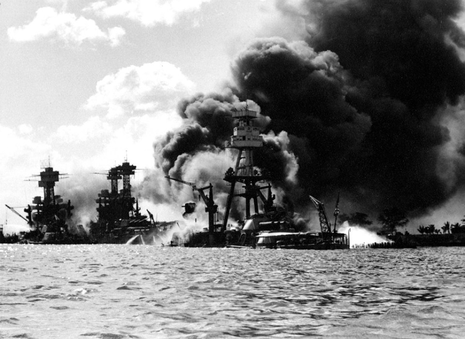 View looking up Battleship Row on 7 December 1941