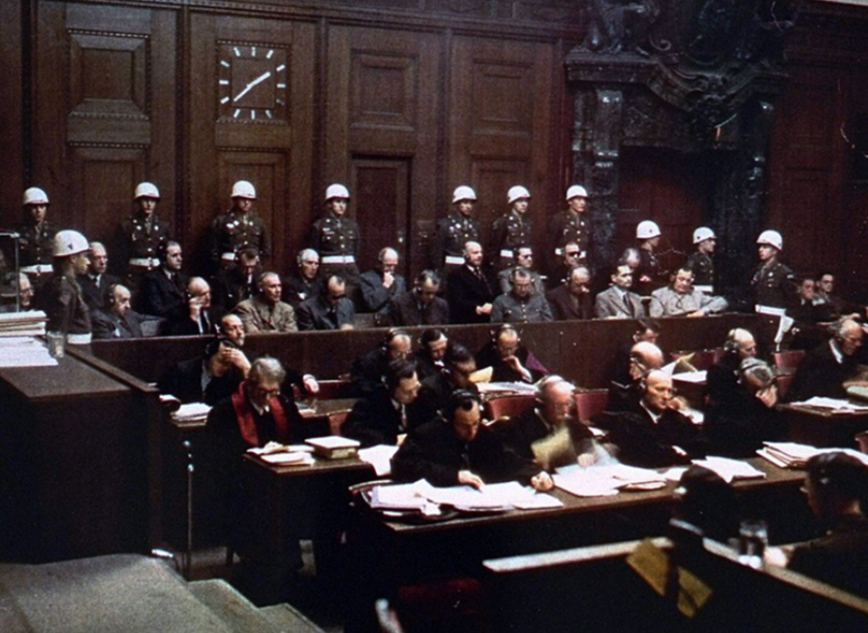 The defendants and their lawyers at the International Military Tribunal trial of war criminals at Nuremberg