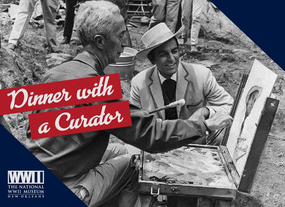 Black and White photo of Norman Rockwell painting while a man looks on.