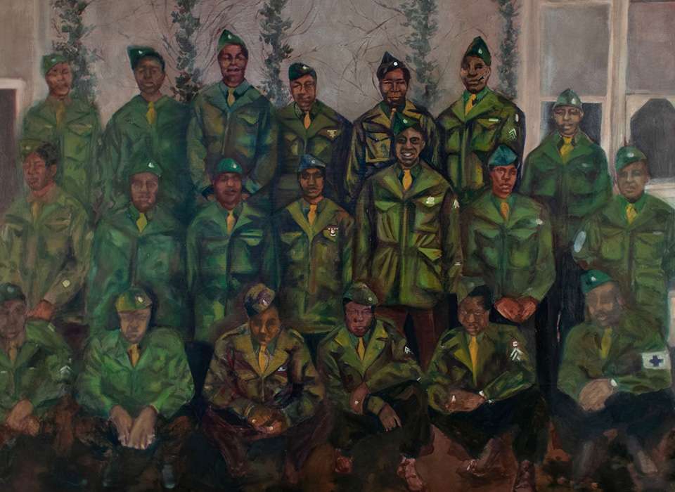 Painting by Trinity Smith,  a senior at New Orleans Center for the Creative Arts, depicting her great grandfather with his unit during World War II