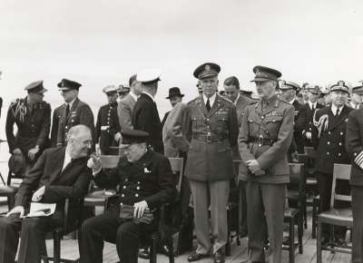 President Franklin Delano Roosevelt and British Prime Minister Winston Churchill meet aboard the HMS Prince of Wales during the Atlantic Conference