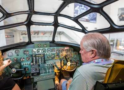 View from inside the cockpit of a plane at the National WWII Museum
