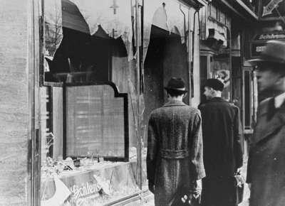 Vandalized storefront of a shop in Berlin owned by Jews, November 1938
