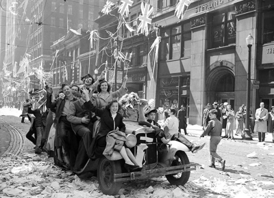 V-E Day celebrations on Bay Street, Toronto, Canada.