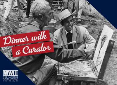 Black and White photo of Norman Rockwell painting while a man looks on.